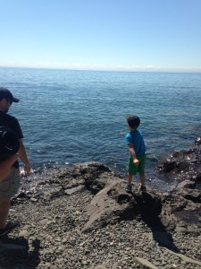 Wide open spaces, water and rocks = FUN for little boys!